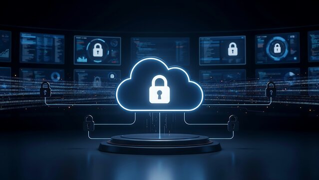 Cloud computing data security center features glowing lock icon over digital platform symbolizing protected information technology storage infrastructure and encrypted network defense.