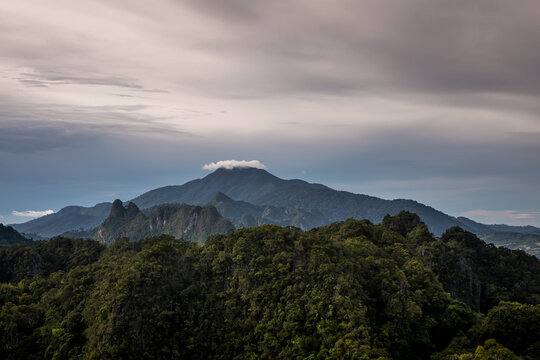 Aerial panoramic view of limestone mountain peaks and tropical rainforest in Krabi province, Thailand