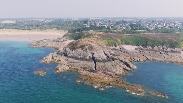 Aerial view of the rocky headland of Anse du Croc on the Brittany coast near Frehel, France.