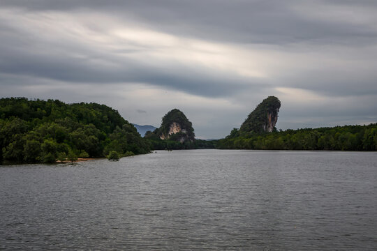 Khao Khanab Nam limestone hills and Krabi river landscape in Thailand