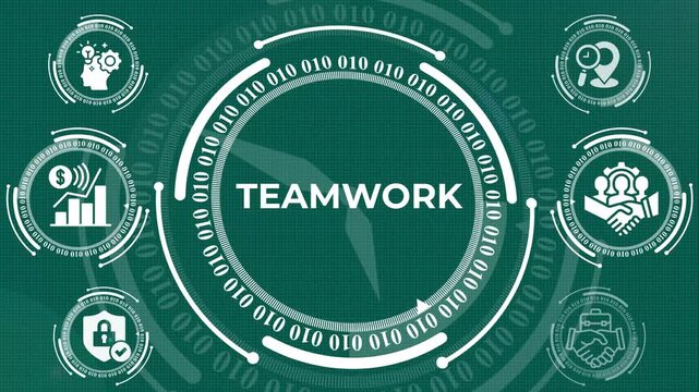 Digital Teamwork Concept with Binary Code and Business Icons Motion Graphic, Creative Teamwork and Idea Generation Digital Interface with Binary Data, Corporate Collaboration HUD UI Animation Backgrou