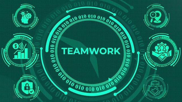Digital Teamwork Concept with Binary Code and Business Icons Motion Graphic, Creative Teamwork and Idea Generation Digital Interface with Binary Data, Corporate Collaboration HUD UI Animation Backgrou