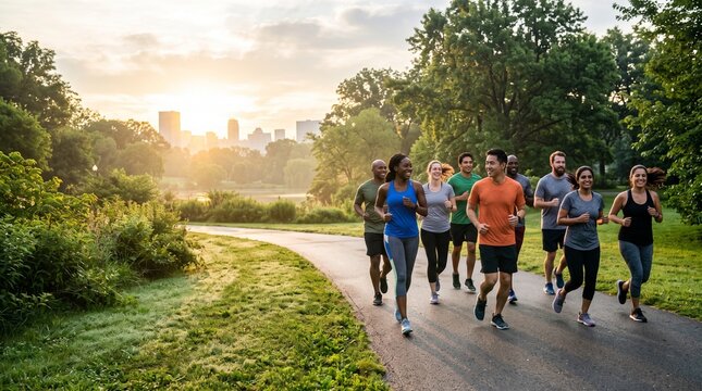 Group of diverse runners jogging on a tree-lined park path at sunrise with city skyline in the distance