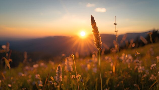 Beautiful Mountain Sunrise Over Green Meadow Landscape with Warm Sunrays, Golden Bokeh and Fresh Morning Light, Peaceful Scenic Nature Background