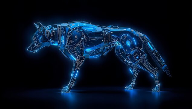 Futuristic robotic wolf rendered with glowing blue neon circuits on a black background