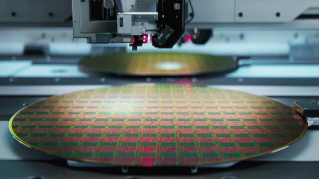 Advanced semiconductor manufacturing equipment processing silicon wafer with laser