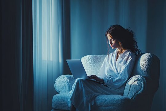 Young Woman Relaxing in Comfortable Armchair Using Laptop at Home