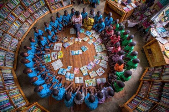 Children Gather for Reading Lesson in Bright Library