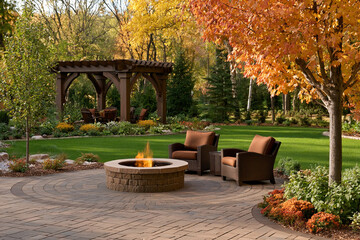 Obraz premium Fall gathering space with fire pit chairs and trees in a backyard setting