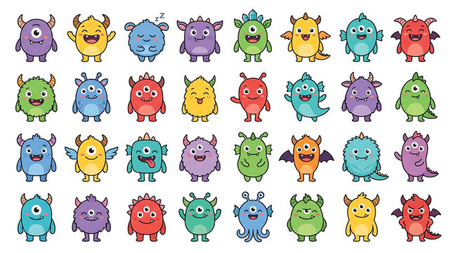 Set of 24 Cute Pixel Art Monsters, 8-Bit Chibi Characters Collection