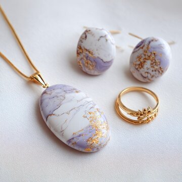 Elegant Lavender Gold Marble Jewelry Set Flat Lay