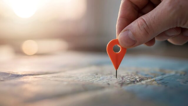 Hand placing orange plastic map pin on paper geographic map for travel planning and navigation logistics during sunset illustrating location tracking or destination discovery concept.