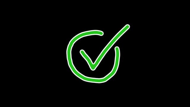 Green Hand Drawn Check Mark in Circle on Black Background - Motion Graphic