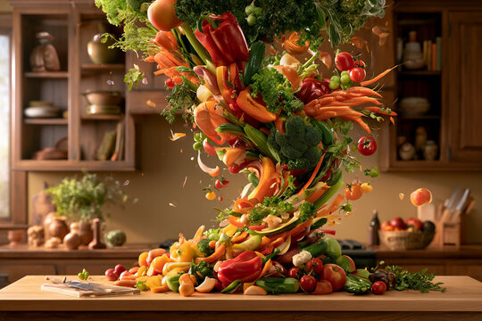 Colorful mix of fresh vegetables spins in a kitchen setting, showcasing various types and shapes during a food preparation scene