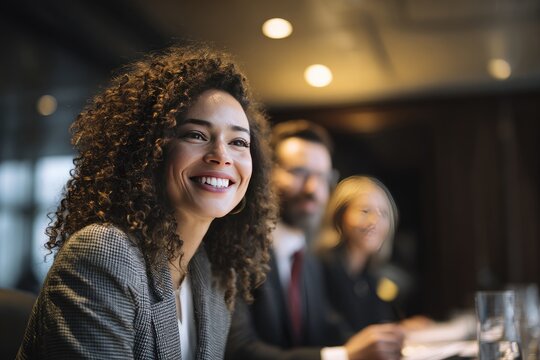Businesswomen Smiling During Meeting Presentation
