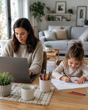 Mother working on laptop while daughter draws at home