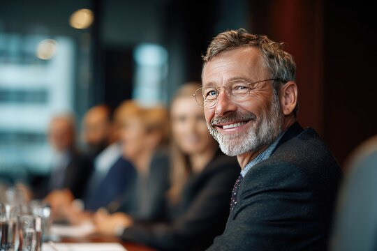Smiling Businessman Leads Meeting with Colleagues in Conference Room