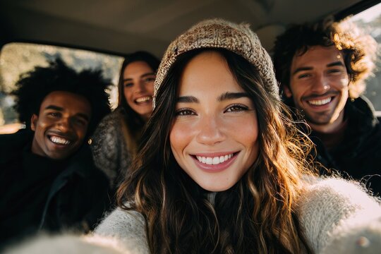 Friends Enjoying Car Road Trip Taking Fun Selfie Outdoors
