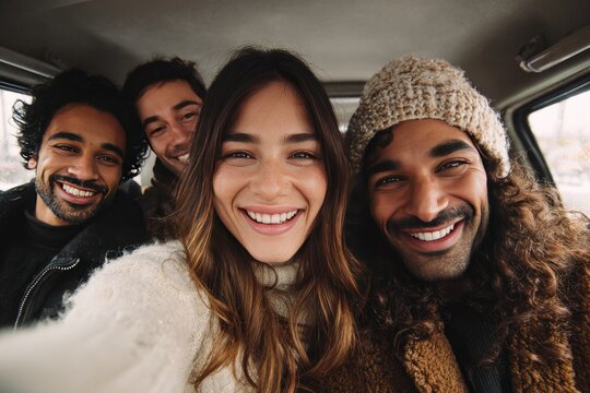 Four Friends Smiling and Taking a Selfie in a Car During a Road Trip