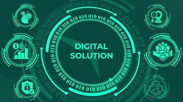 High impact digital solution concept graphic featuring business icons for innovation, security, finance, and teamwork on a professional green grid background with binary code elements.