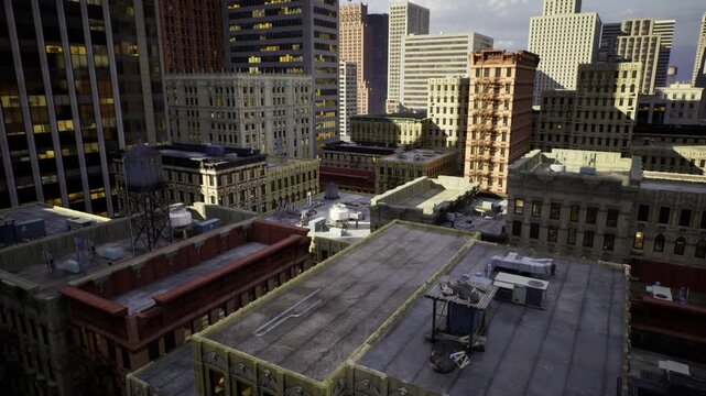 Empty rooftop overlooking dense urban skyline with helipad markings, HVAC units, parapet walls, long shadows at dusk casting warm amber glow on brick