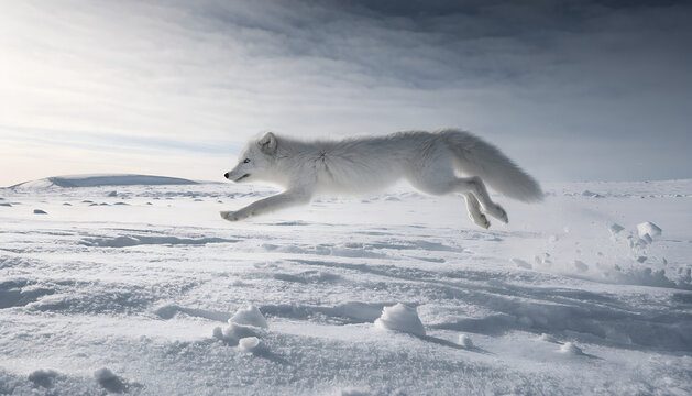 Arctic Fox Leaping on Snow in Winter