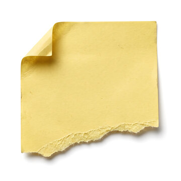 Single blank yellow sticky note with torn edge isolated on white background