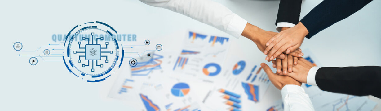 Business professionals collaborating over data analysis strategies, emphasizing teamwork and technology integration for enhanced productivity and business growth. Trope