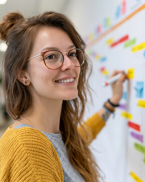 Young woman smiles while writing on a colorful whiteboard. She wears round glasses and a mustard-yellow sweater. Her hair is loosely tied, with strands falling around her face