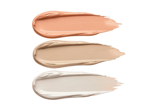 Three shades of liquid foundation makeup swatches isolated on a white background.