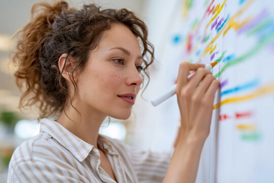 Woman writes ideas on a whiteboard with colorful markers. She focuses intently, suggesting deep thought or planning. Hair is curly, loose, and tied back casually. Casual striped shirt adds a relaxed