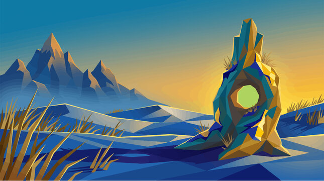 Web Fantasy landscape with glowing magic stone monolith in arctic mountains at sunrise cel shaded monolith landscape mountain mystical