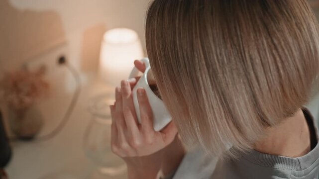 Intimate dusk coffee white woman music lover holding mug near lamp, soft shadows on face, thoughtful expression, slow inhalation, homely countertop with jars, warm cinematic tones, creative pause