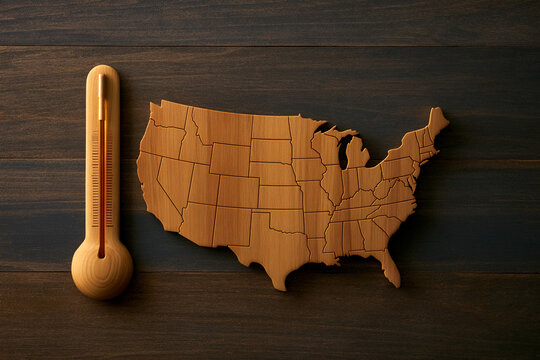 Wooden map of the United States next to a thermometer on a wooden surface