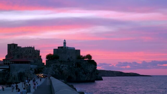 Lighthouse of the Castillo de Santa Ana in the coastal city of Castro Urdiales in the Eastern Coast region of the Autonomous Community of Cantabria, Spain, Europe