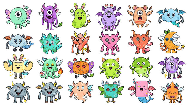 adorable cute kawaii monster collection, colorful pixel art creatures, chibi fantasy characters, gaming icons, digital illustration set, retro 8bit style