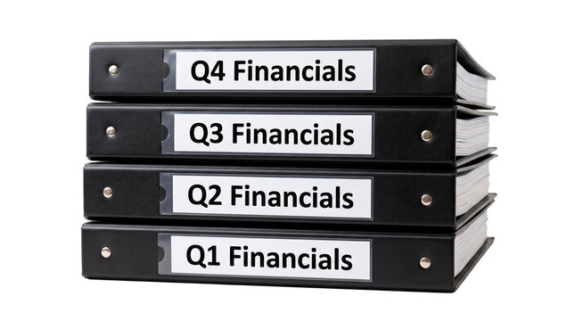 Stack of four black binders labeled Q1 Q2 Q3 and Q4 Financials representing quarterly business reports and accounting records PNG Isolated on transparent background
