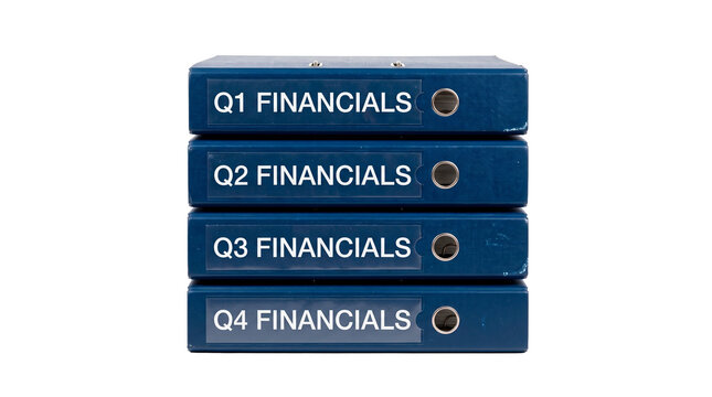 Stack of four blue binders labeled Q1 Financials, Q2 Financials, Q3 Financials, and Q4 Financials for accounting records PNG Isolated on transparent background