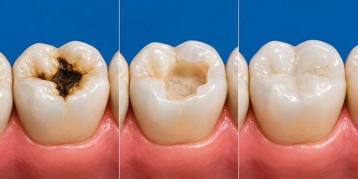 Dental caries treatment stages, step by step tooth cavity filling restoration, composite dental filling process medical illustration