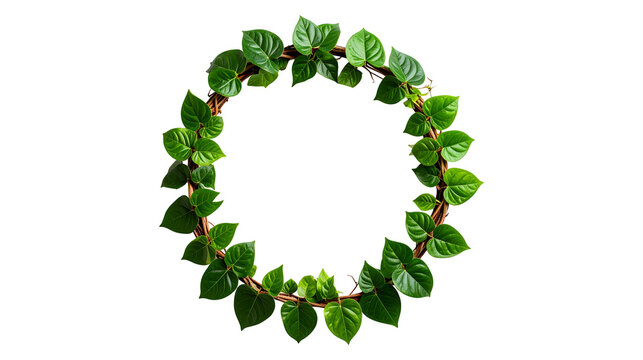 Circular tropical liana vine frame with leave isolated on transparent background