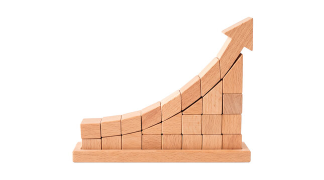 Wooden blocks forming an upward trending graph with an arrow indicating growth and success PNG Isolated on transparent background