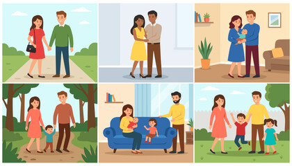 Fototapeta premium Family Life Stages Vector Concept with Diverse Couples Walking, Holding Newborn Babies, and Playing with Young Children for Happy Relationship Designs