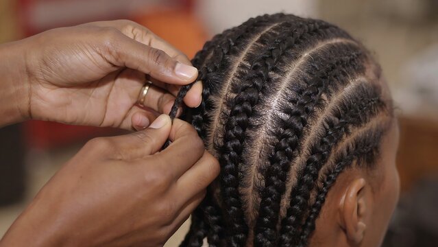 Hair stylist braiding thick black natural hair strands into neat tight cornrow style showing professional techniques to achieve clean hair parting and organized braiding for beauty care.