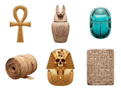 Ancient Egyptian Artifacts Collection Featuring Ankh, Scarab, Mummy Roll, Canopic Jar, Hieroglyph Tablet, and Golden Skull Mask PNG Isolated on transparent background
