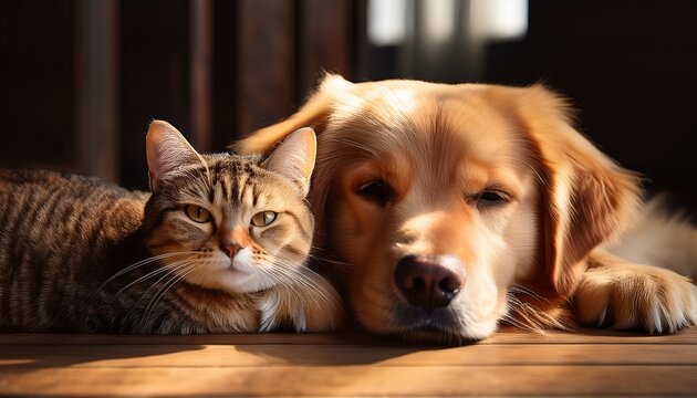 a golden retriever and a tabby cat lay side by side on a wooden floor in a warm patch of sunlight showing affection and companionship
