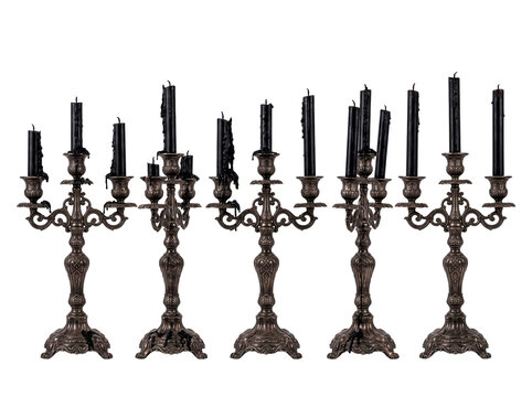 Five ornate antique candelabras with dripping black candles for Halloween decor PNG Isolated on transparent background