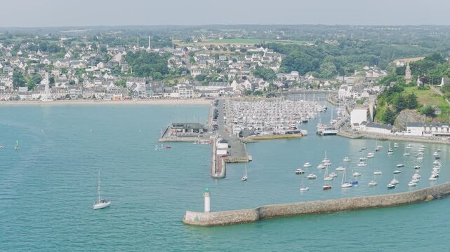 Aerial view of the marina and harbor in Binic, a coastal town in Brittany, France.