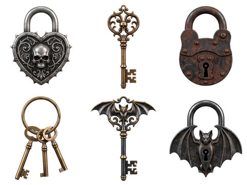 Gothic Halloween locks and keys with skull and bat motifs for spooky season PNG Isolated on transparent background