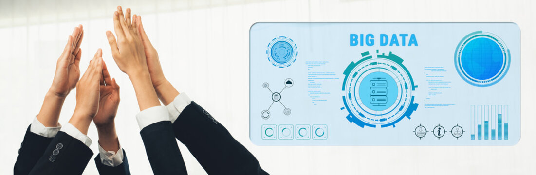 A dynamic scene of diverse hands coming together in a gesture of unity in front of a digital big data display, highlighting collaboration and innovation in the workplace. Trope