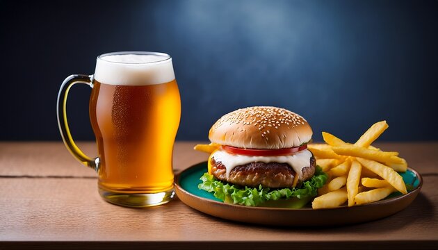 a cold glass of golden lager with white foam sits on a wooden table beside a ceramic plate featuring a delicious hamburger and crispy fries plate delicious food